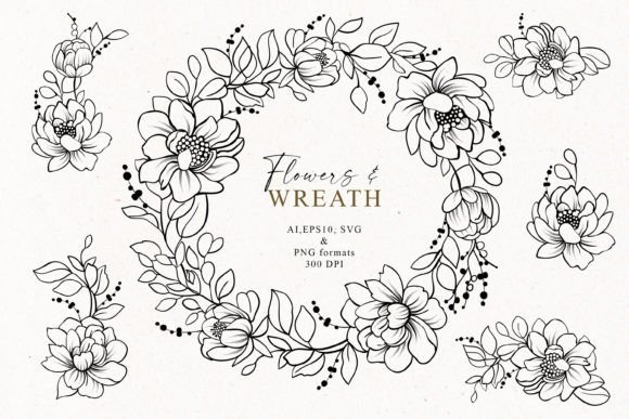 Download Hand Drawn Line Art Flowers and Wreath - Line art Collection