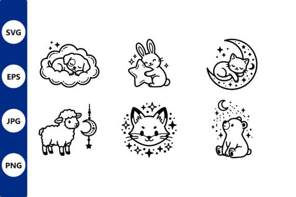 Download Six Cute Sleeping Animal Line Art Vector - Line art Collection