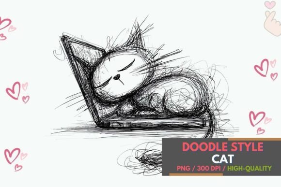 Download Doodle Cat on Laptop Sketch Line Art PNG - Line art Collection