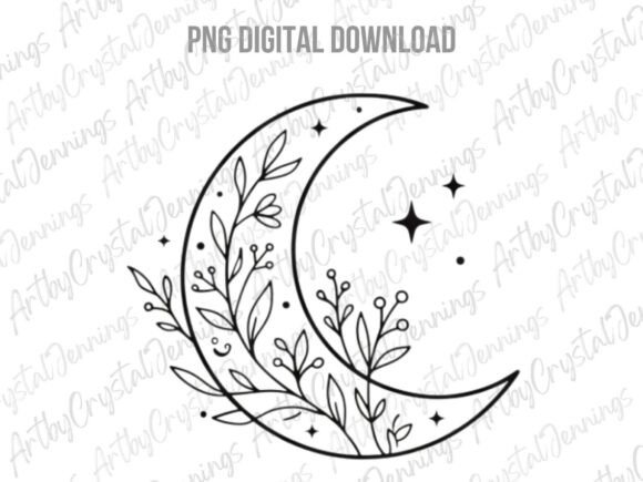 Download Floral Crescent Moon Line Art PNG - Line art Collection