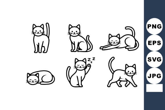 Download Cute Black and White Cat Line Art Set Wi - Line art Collection