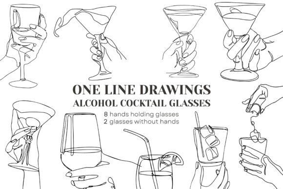 Download One Line Art: Alcohol Cocktails Glasses - Line art Collection