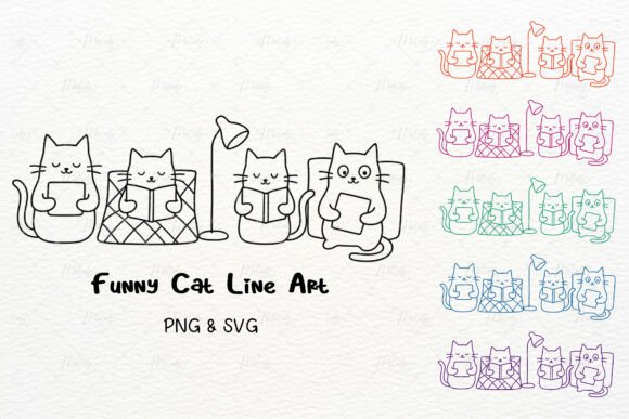 Download Funny Cat Reading Book Line Art PNG SVG - Line art Collection